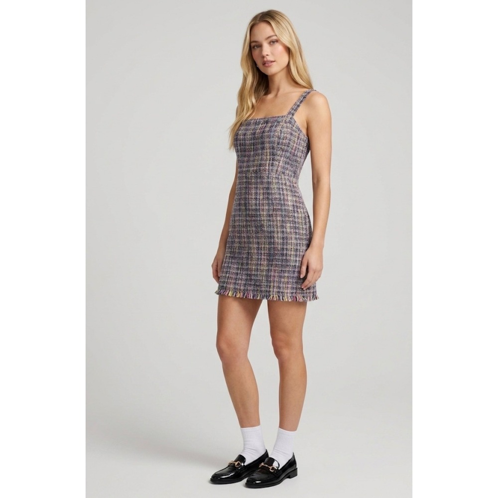 Evolutionary‎ Tweed Mini Dress Women XL Multi Color  Fringe Hem Preppy